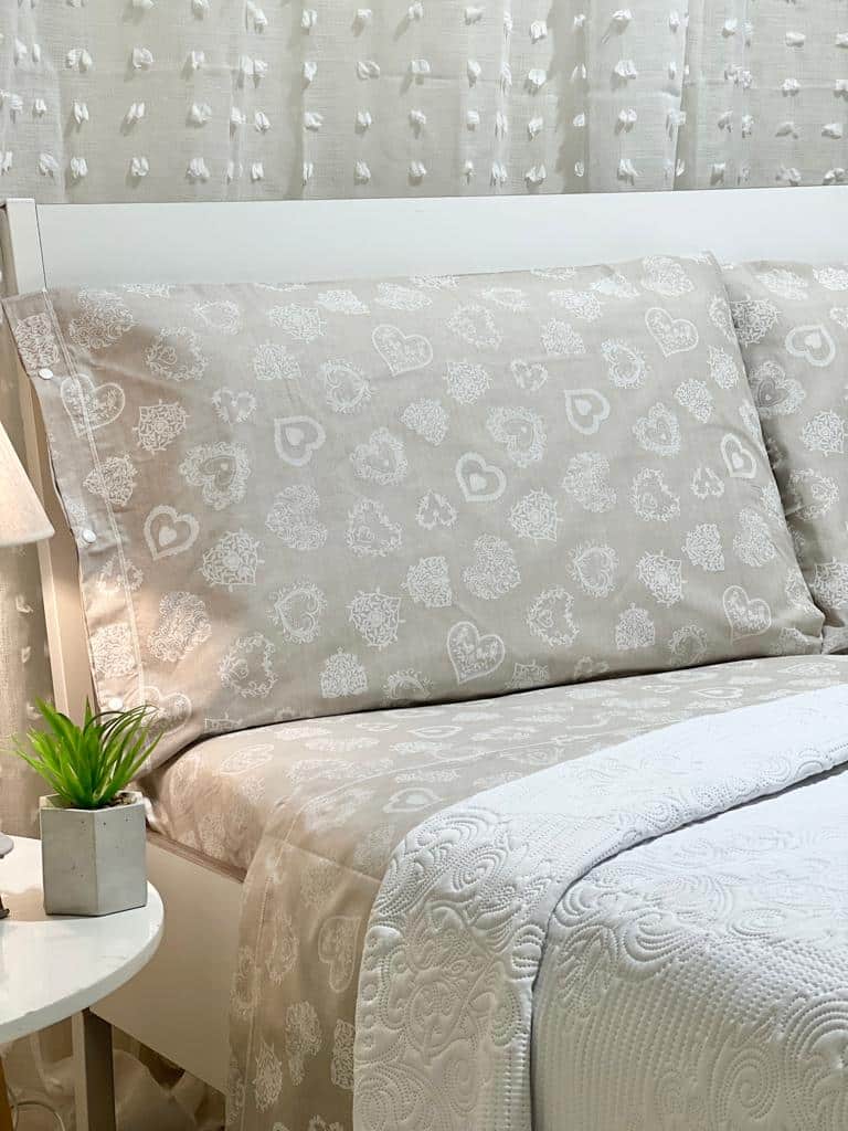 Completo letto singolo Cuore bianco beige, bianco in cotone stile moderno
