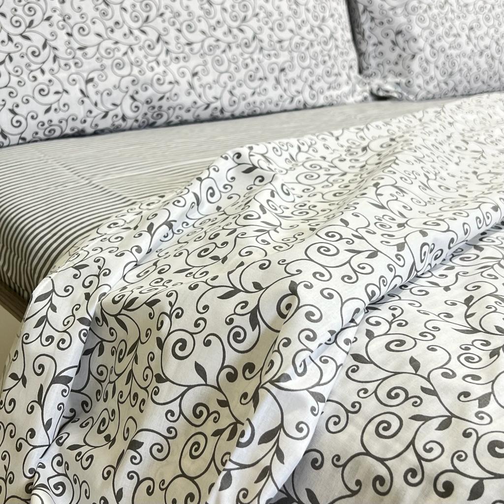 Completo letto matrimoniale “Stefy” grigio beige, bianco in cotone stile  classico