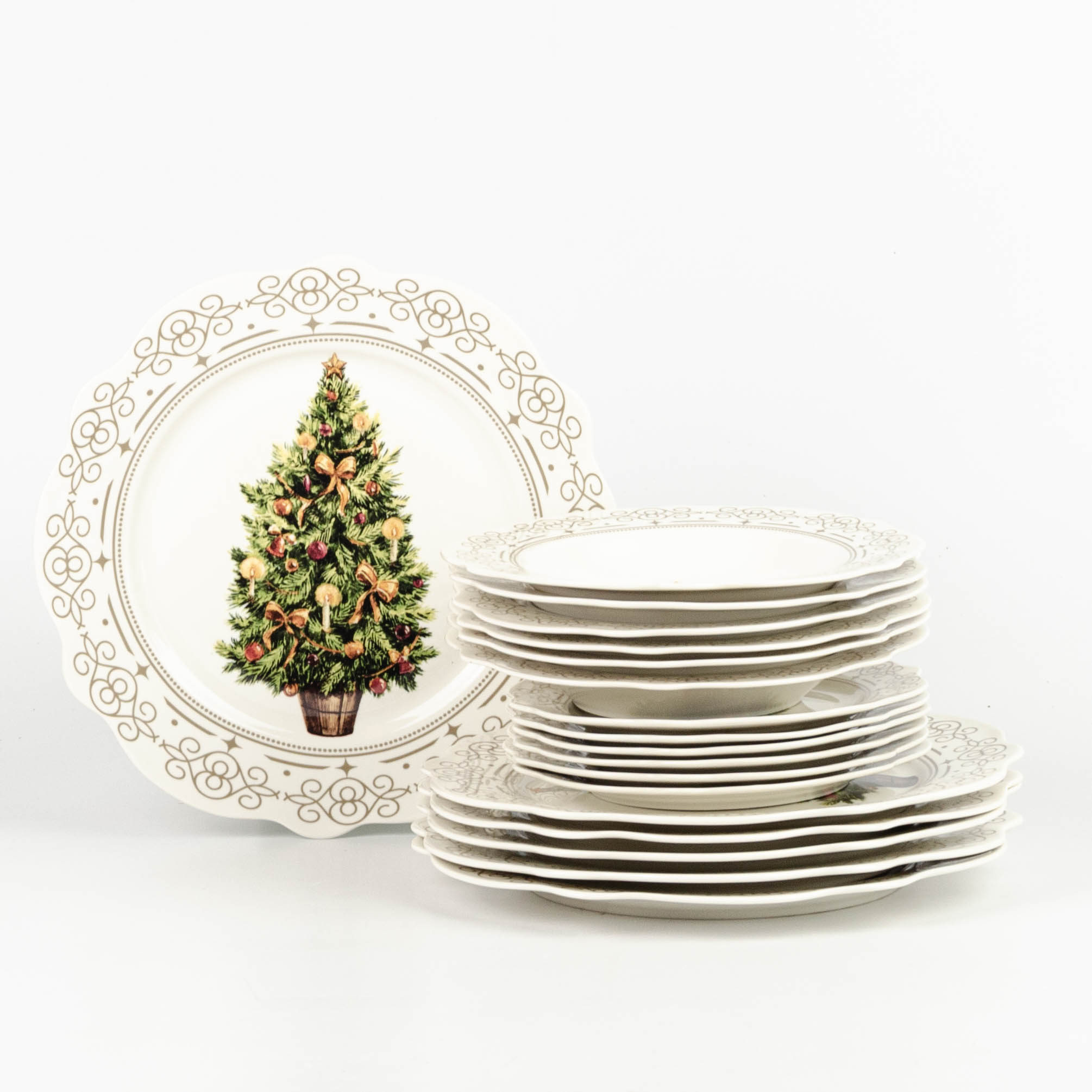 Servizio 18 piatti Elegance Xmas bianco in porcellana stile natalizio