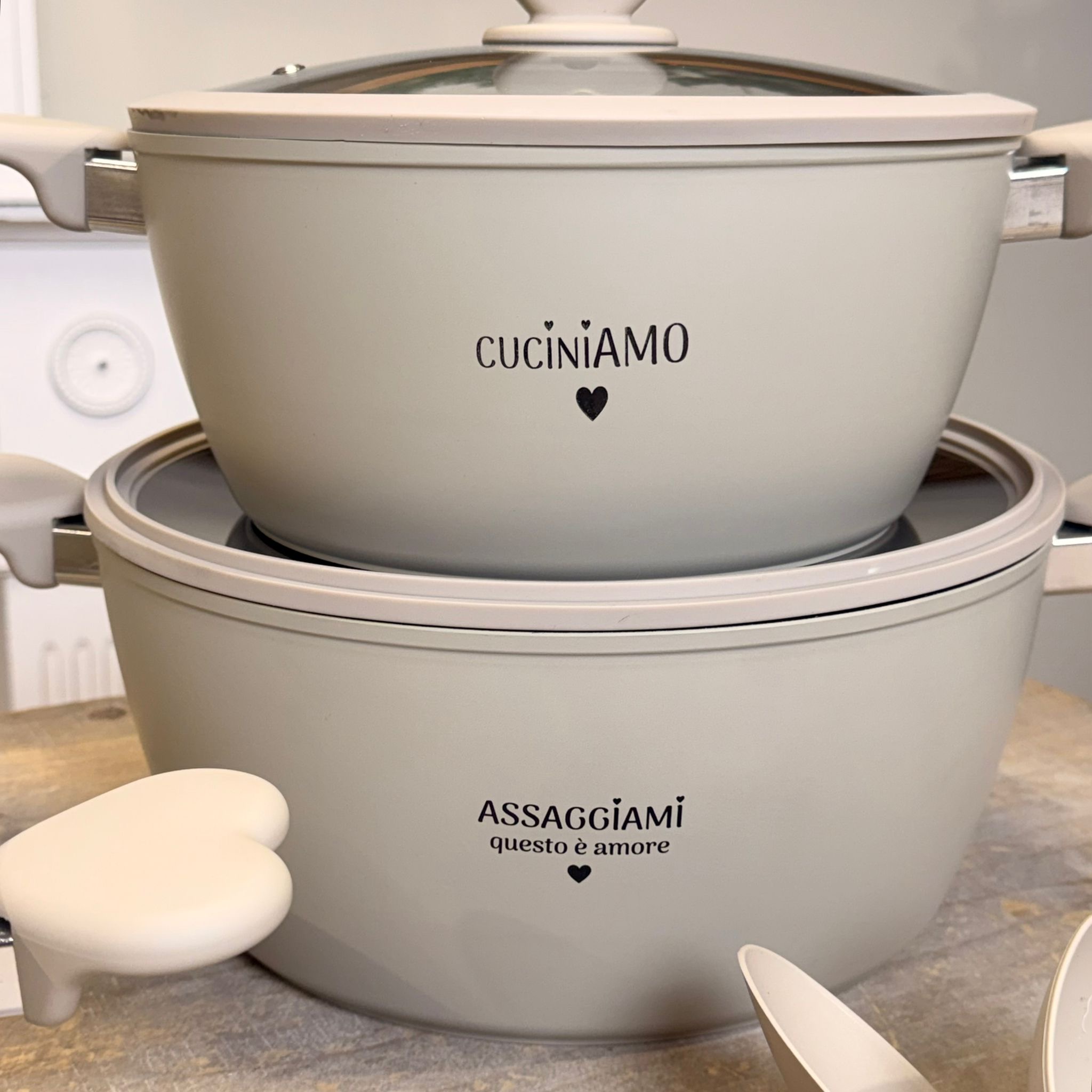 Set 3 casseruole + coperchi + mestoli 