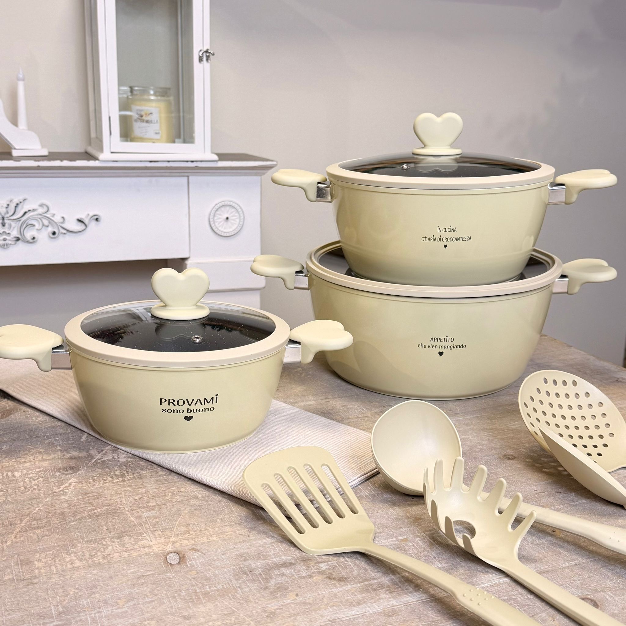 Set 3 casseruole + coperchi + mestoli 