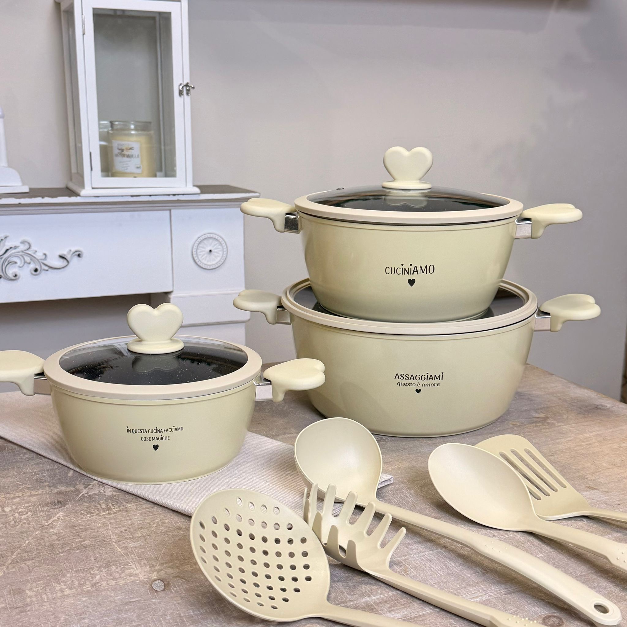 Set 3 casseruole + coperchi + mestoli 