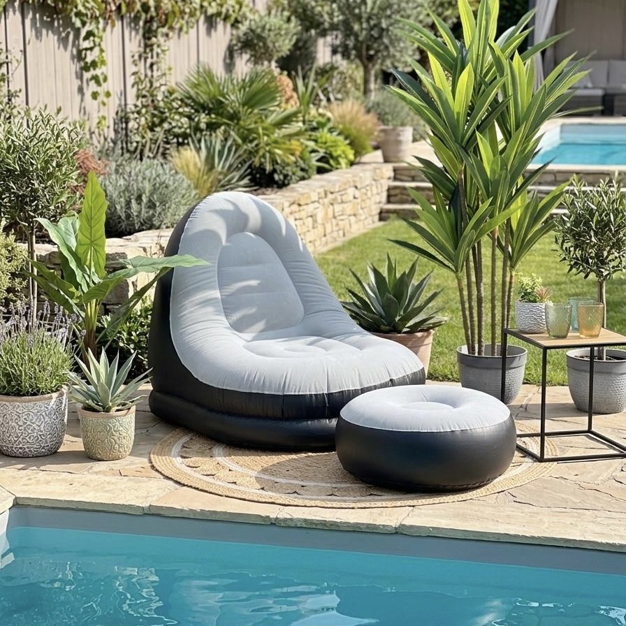 Poltrona gonfiabile + pouf e gonfietto grigio