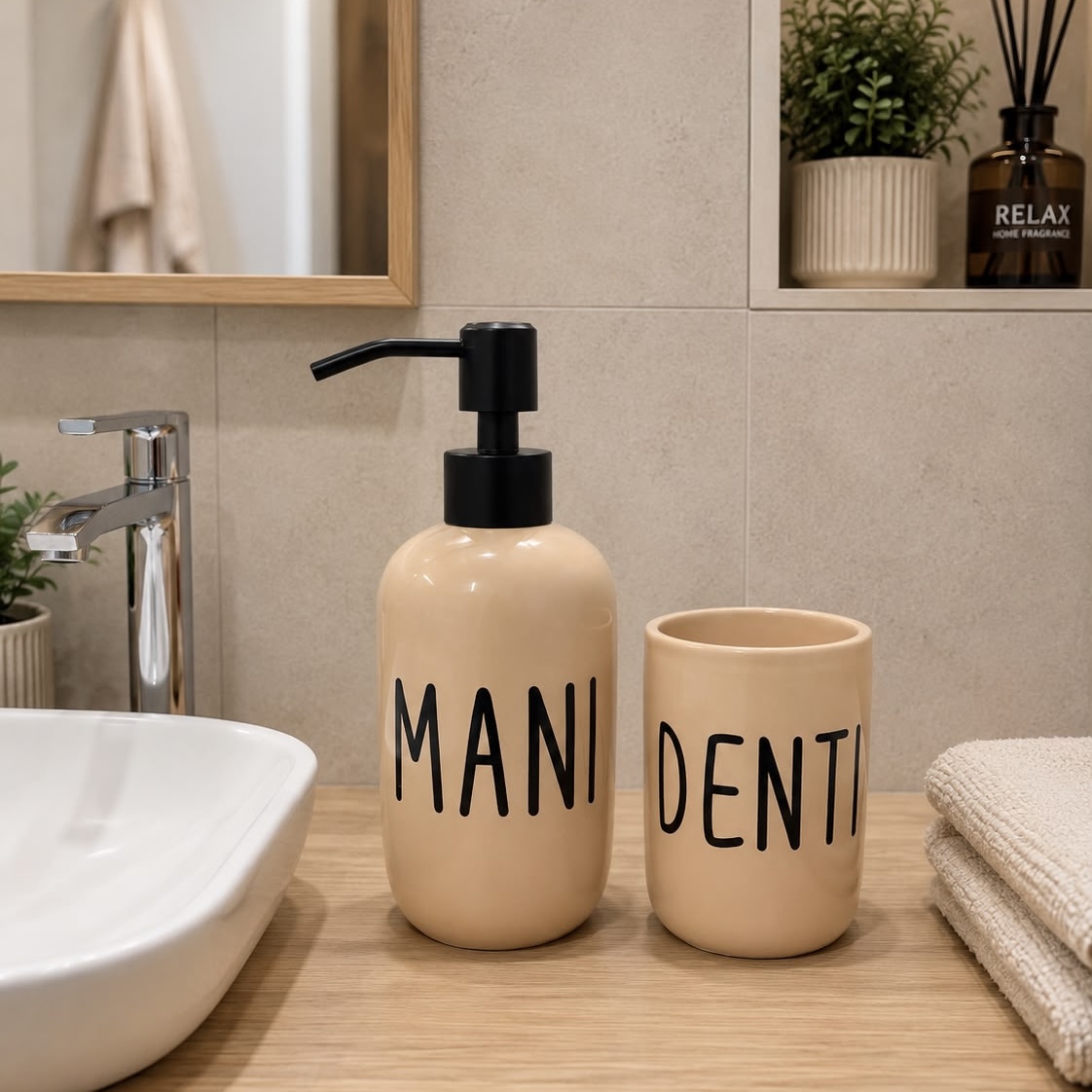 Set bagno dispenser + porta spazzolini tortora