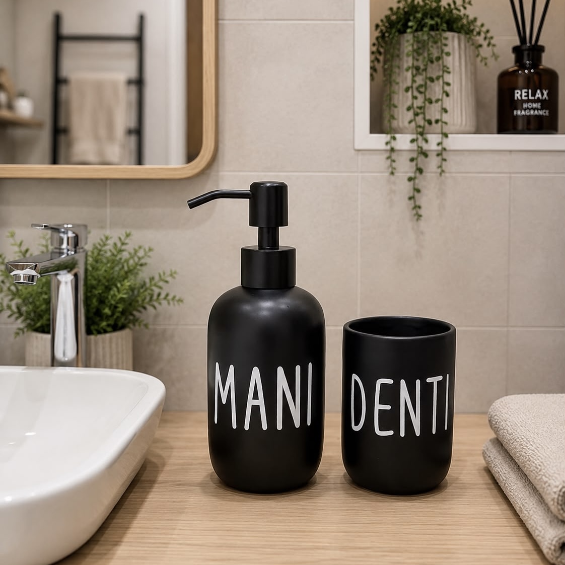 Set bagno dispenser + porta spazzolini nero
