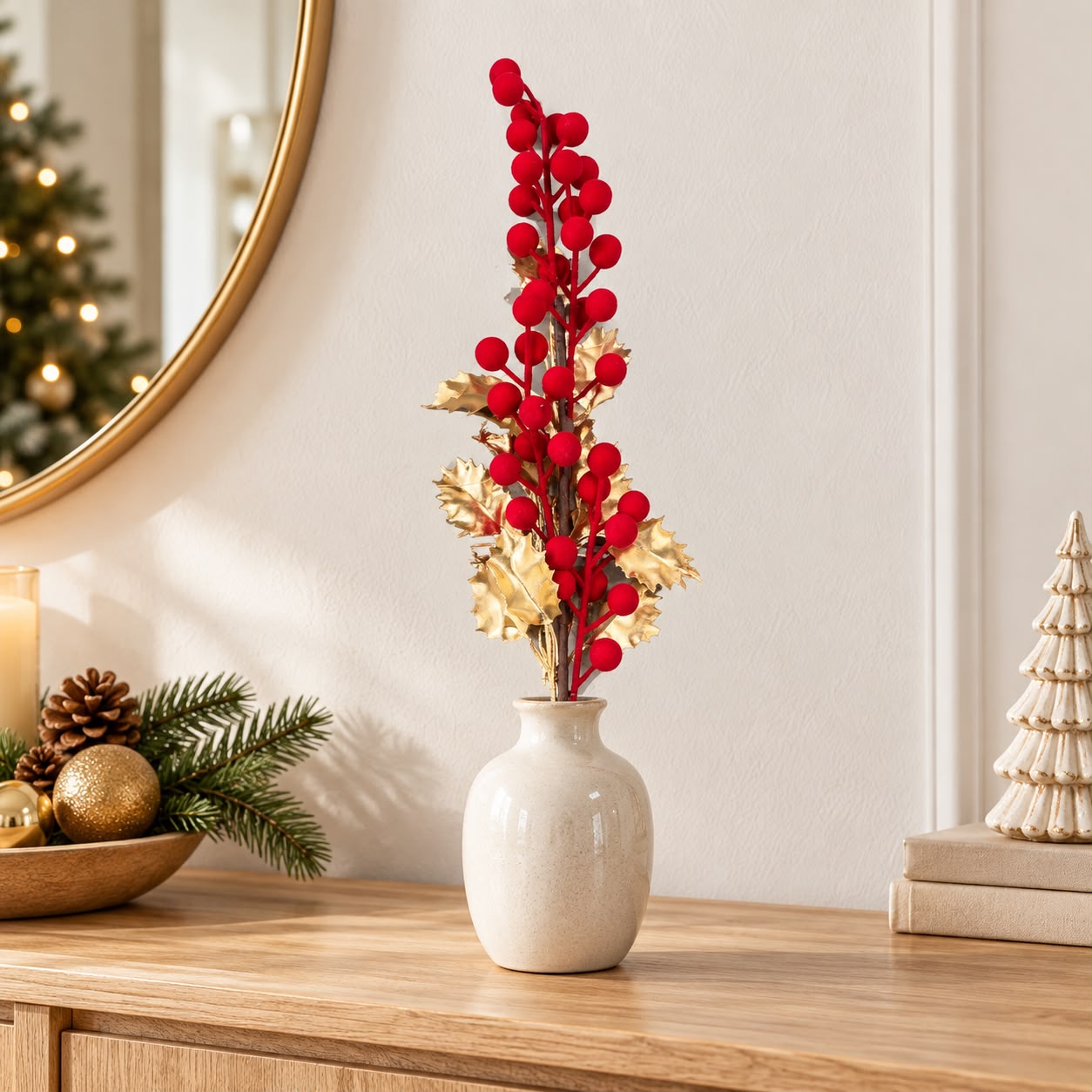 Stelo bacche rosse floccate + agrifoglio gold